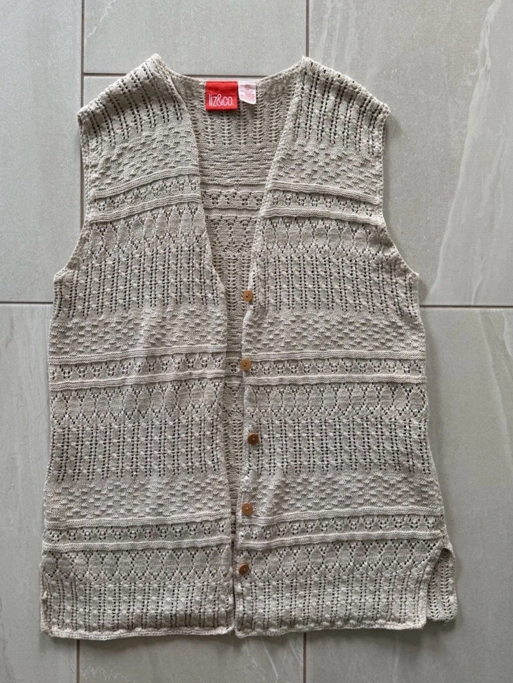 Liz & Co Linen Cotton Open Knit Button Front
Cardigan Vest Boho Beige Large